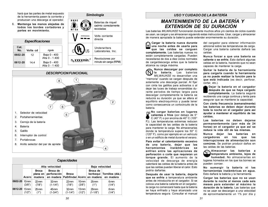 Beckett 0612-20, 0602-20 manual Simbología, USO Y Cuidado DE LA Batería, Especificaciones, Descripcionfuncional, Capacidades 