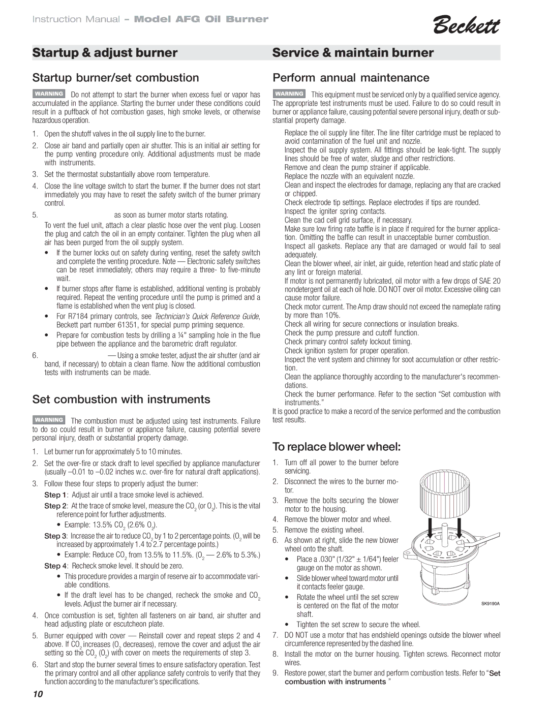 Beckett 120 Vac/60 Hz instruction manual Startup burner/set combustion, Perform annual maintenance, To replace blower wheel 