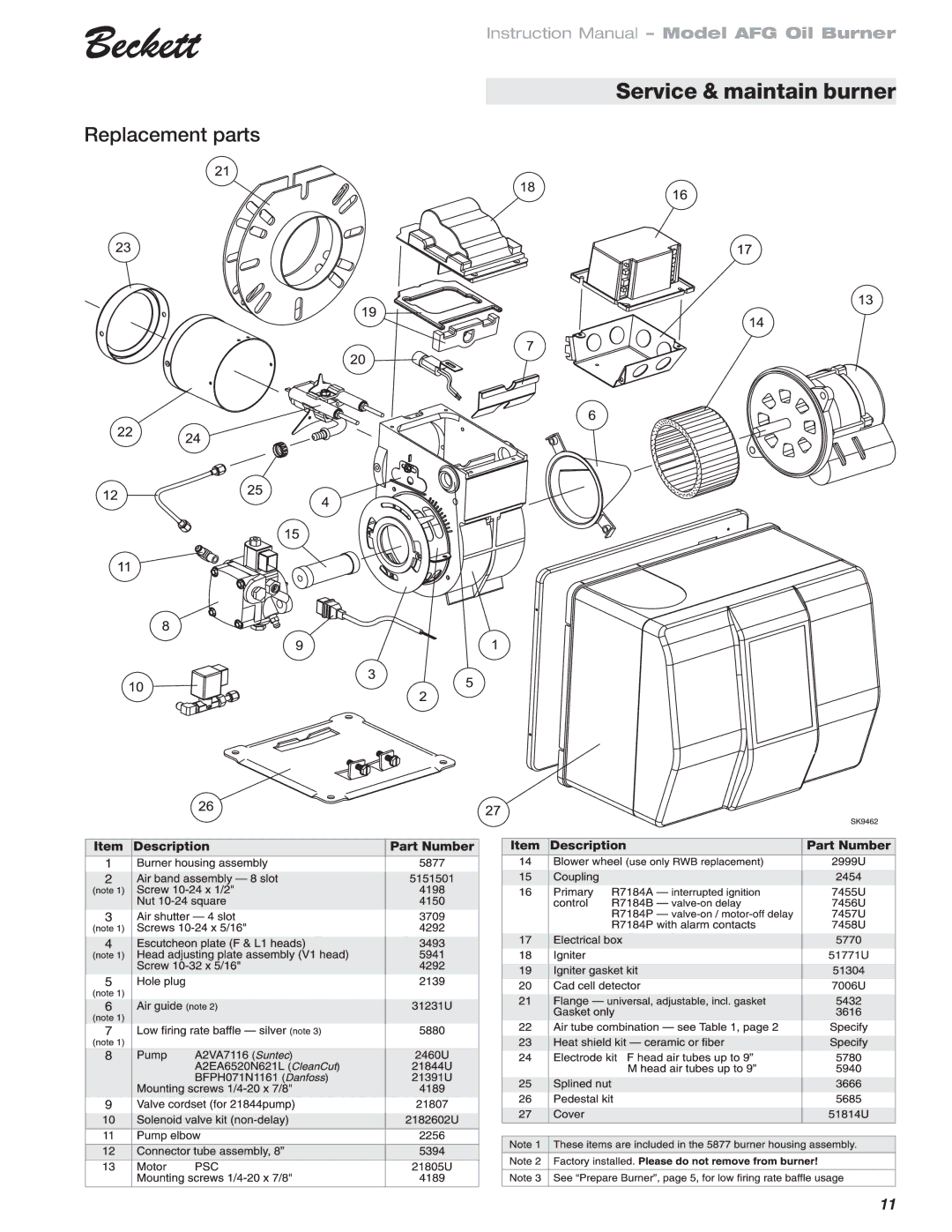 Beckett 120 Vac/60 Hz instruction manual Awaiting New info, Replacement parts 