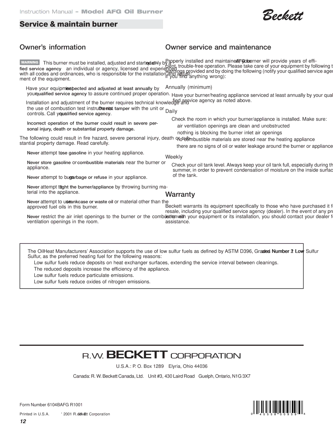 Beckett 120 Vac/60 Hz Owner’s information Owner service and maintenance, Warranty, Annually minimum, Daily, Weekly 