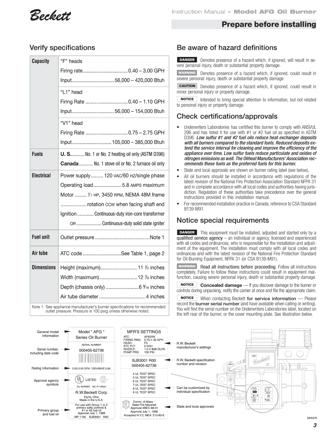 Beckett 120 Vac/60 Hz instruction manual Verify specifications Be aware of hazard definitions 