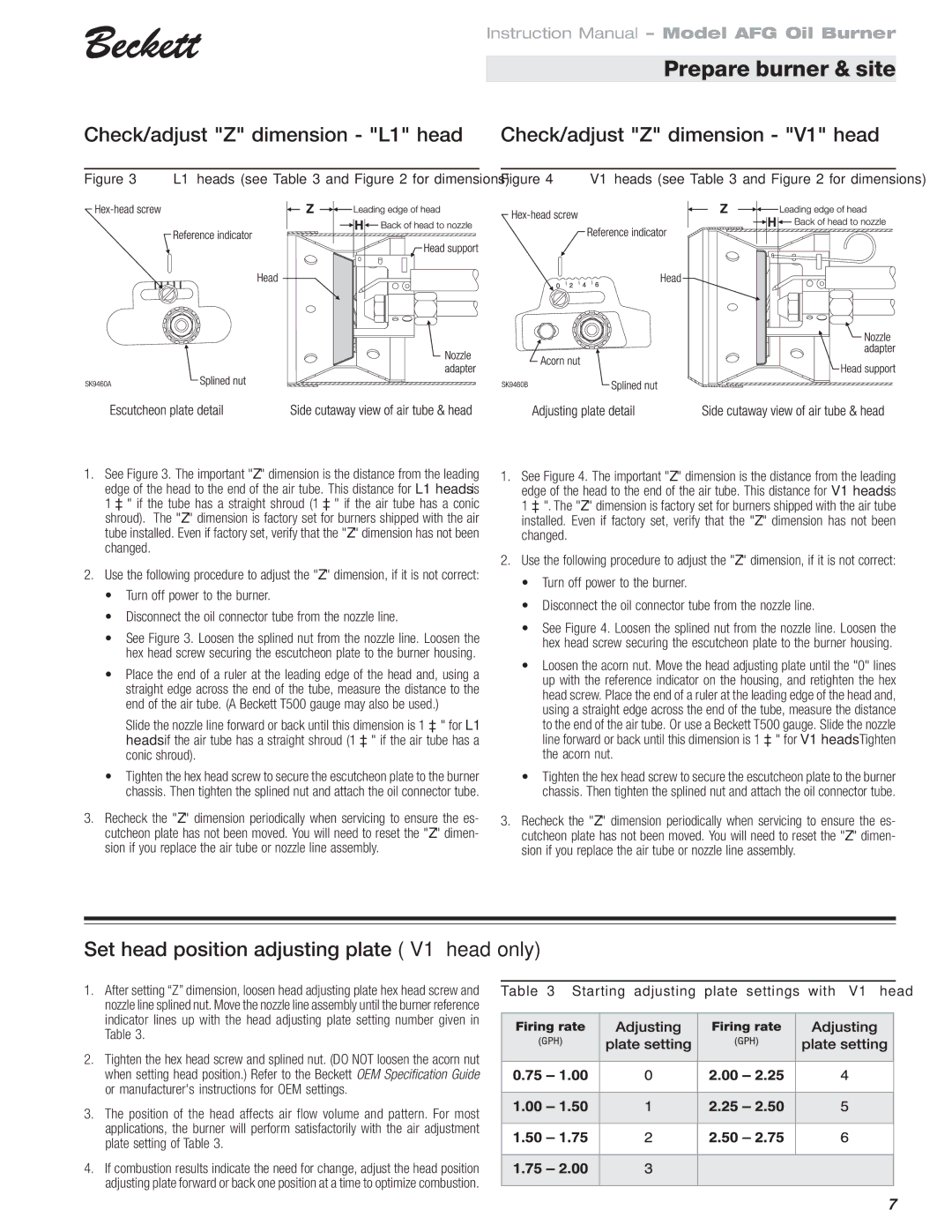 Beckett 120 Vac/60 Hz instruction manual L1 heads see and for dimensions, Starting adjusting plate settings with V1 head 