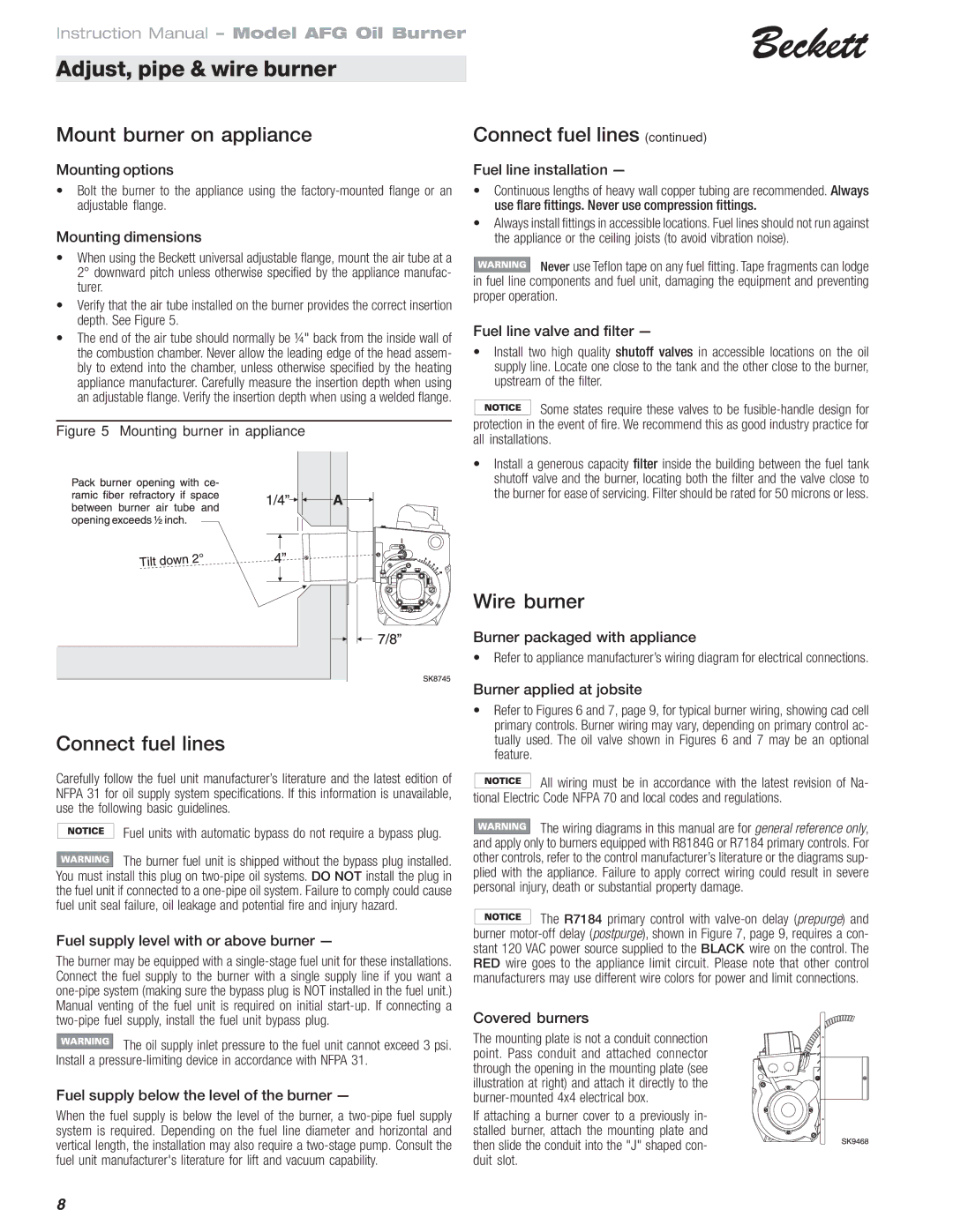 Beckett 120 Vac/60 Hz instruction manual Mount burner on appliance Connect fuel lines, Wire burner 