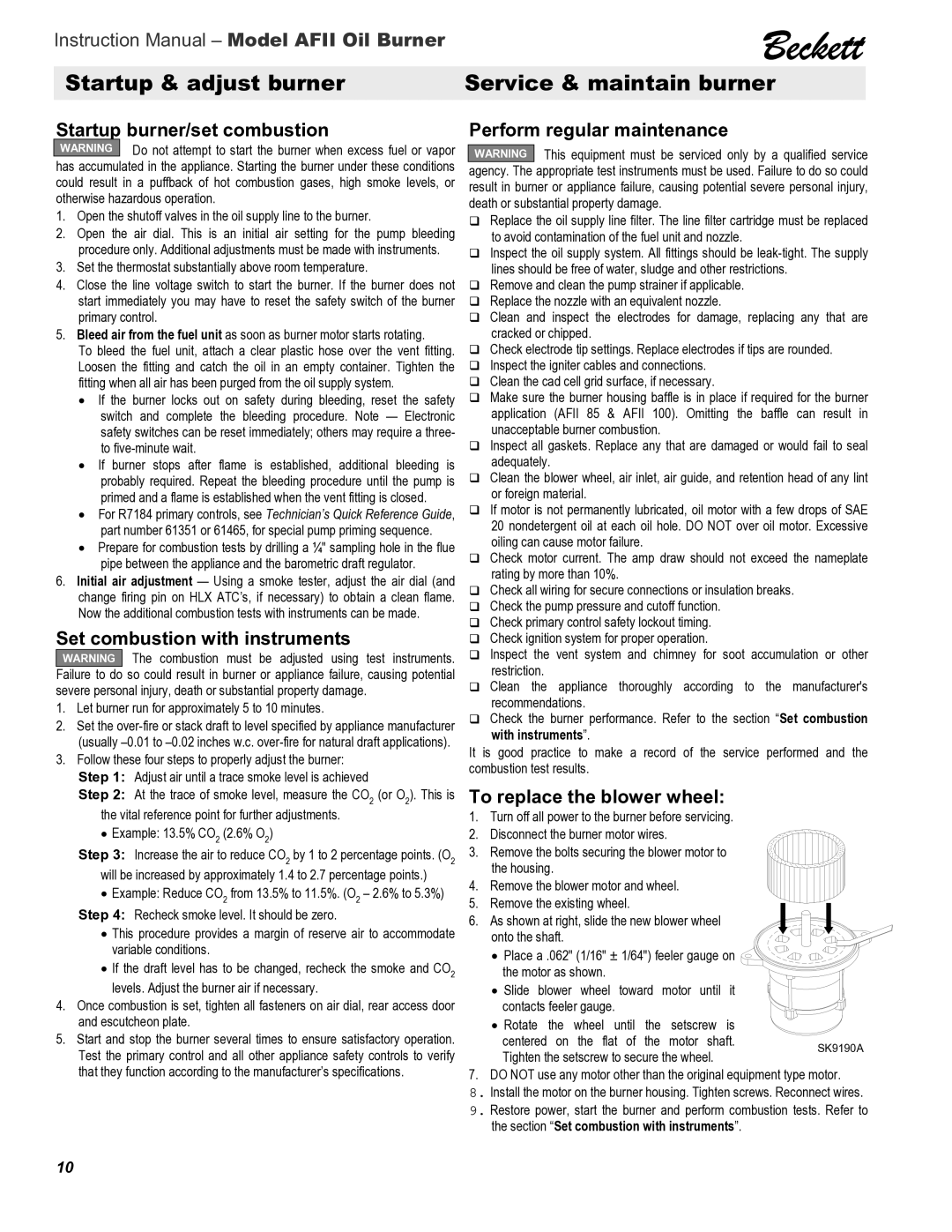 Beckett AFII 85, 150, 100 instruction manual Startup & adjust burner, Service & maintain burner 