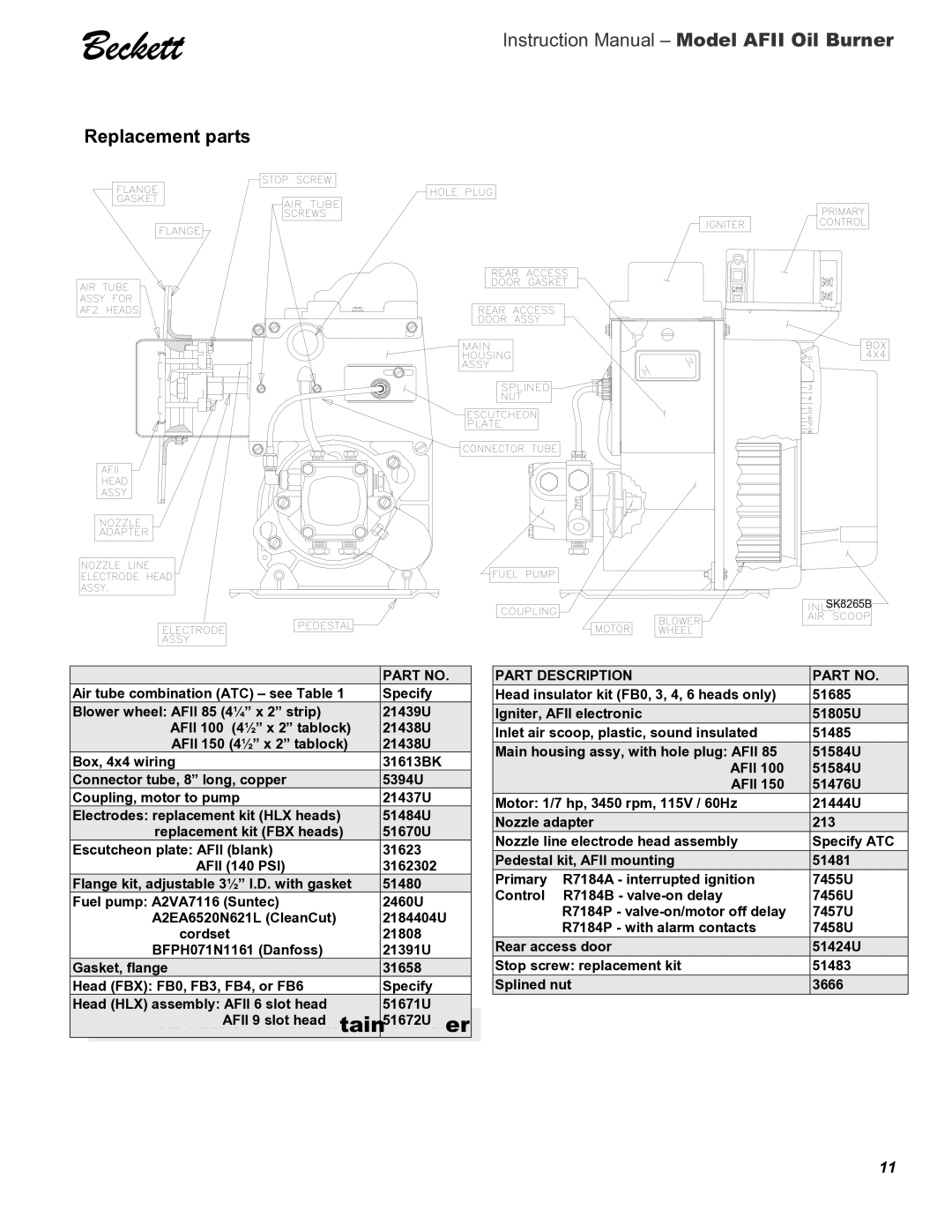 Beckett 100, 150, AFII 85 instruction manual Replacement parts, Afii 9 slot head 51672U 