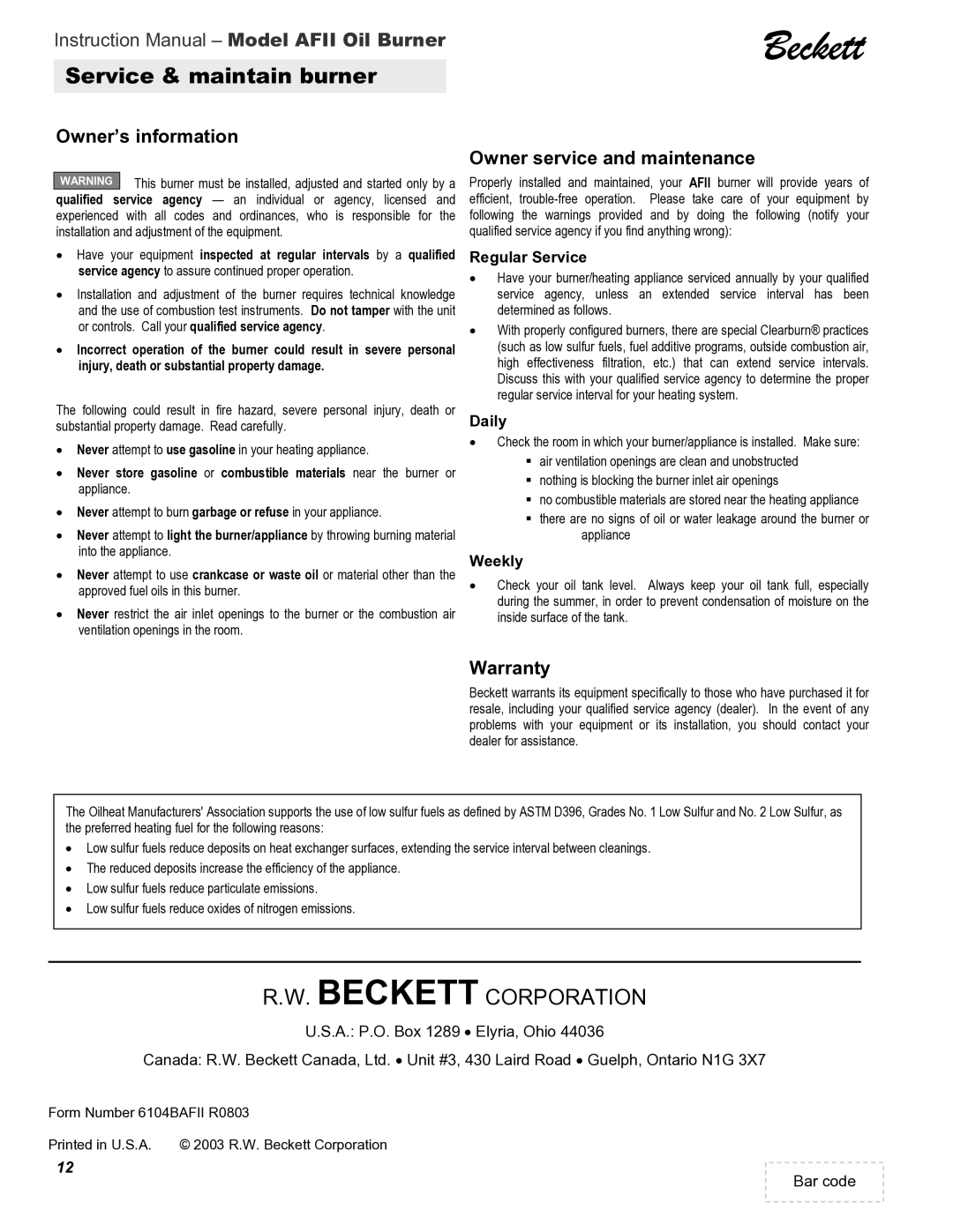 Beckett 150, AFII 85, 100 instruction manual Owner’s information, Owner service and maintenance, Warranty 