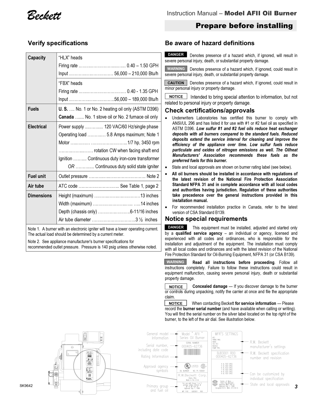 Beckett 150, AFII 85, 100 instruction manual Prepare before installing, Verify specifications, Be aware of hazard definitions 