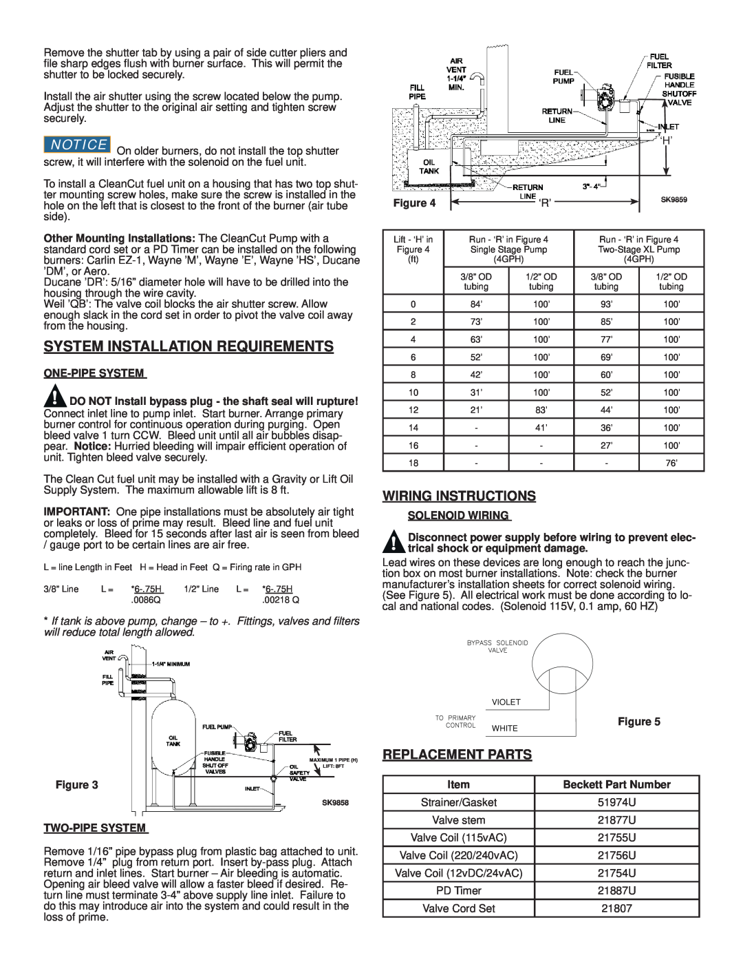 Beckett 21844, 21941 installation manual Wiring Instructions, System Installation Requirements, Replacement Parts 