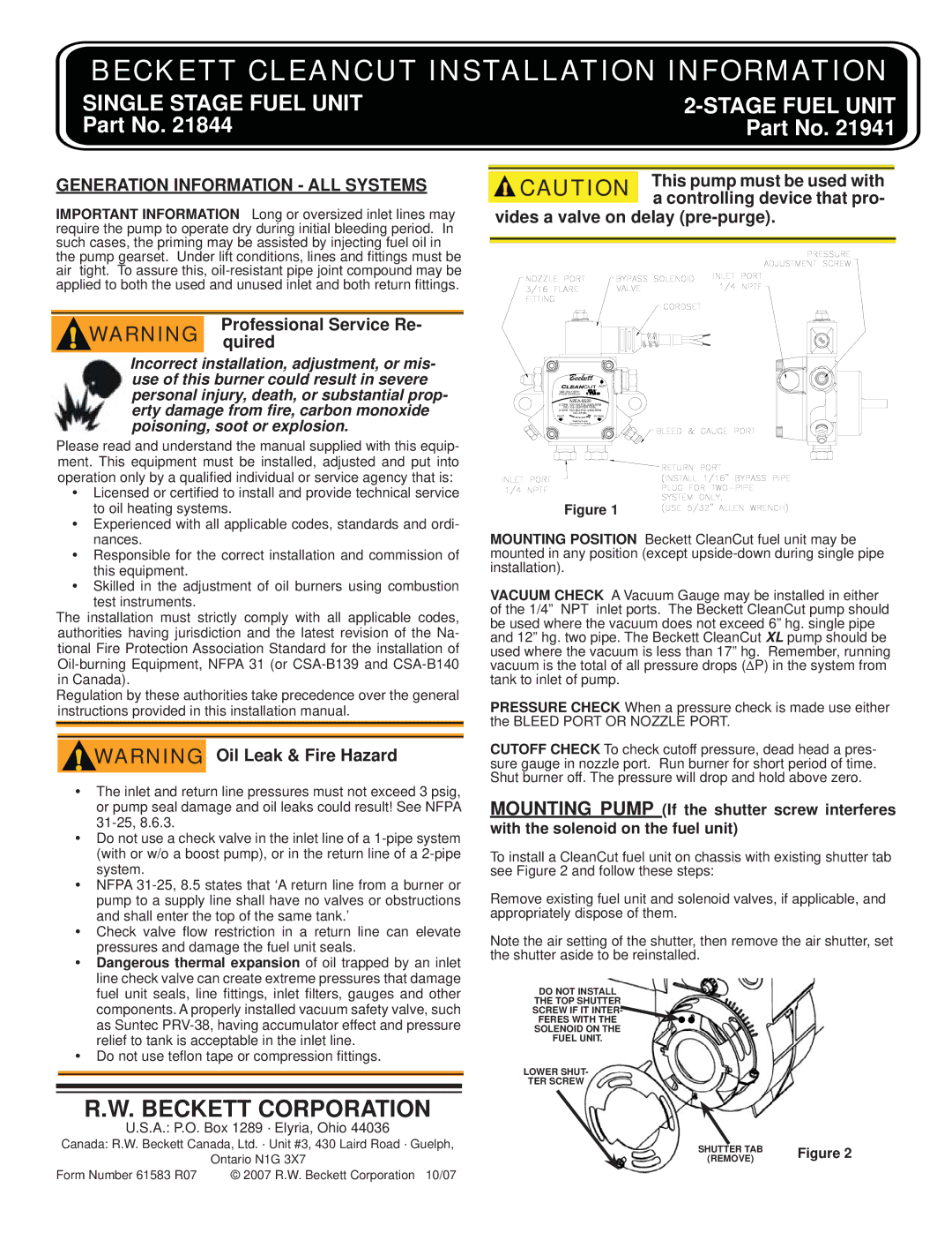 Beckett 21941, 21844 installation manual Beckett Cleancut Installation Information, Generation Information ALL Systems 