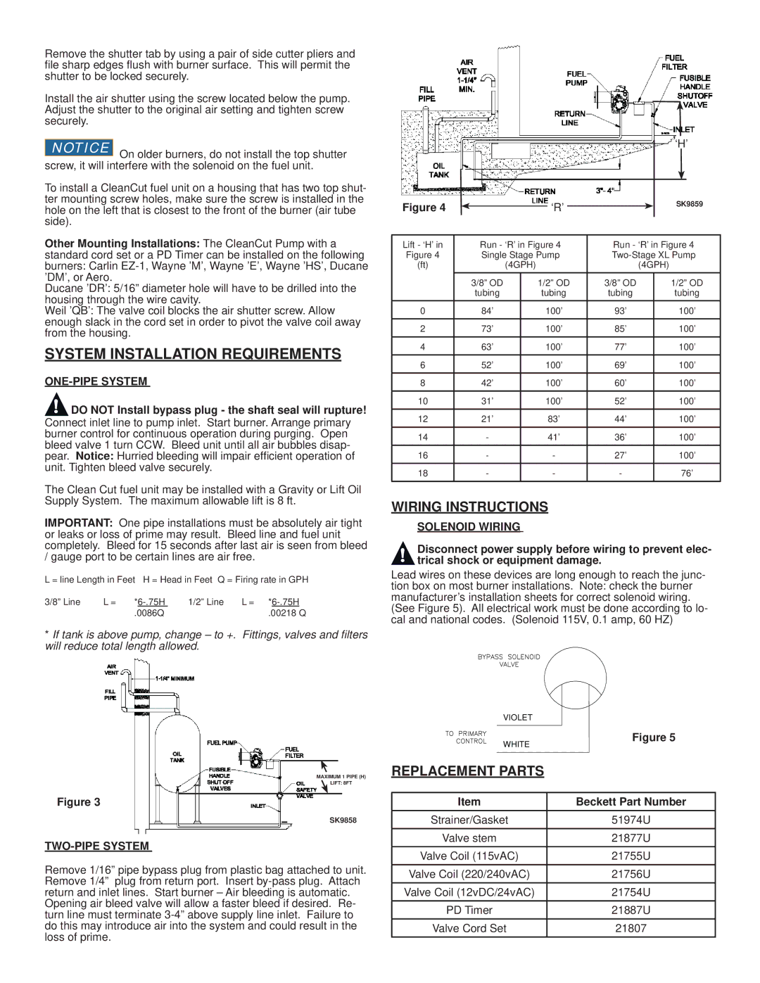 Beckett 21844, 21941 installation manual Wiring Instructions, ONE-PIPE System, TWO-PIPE System, Solenoid Wiring 