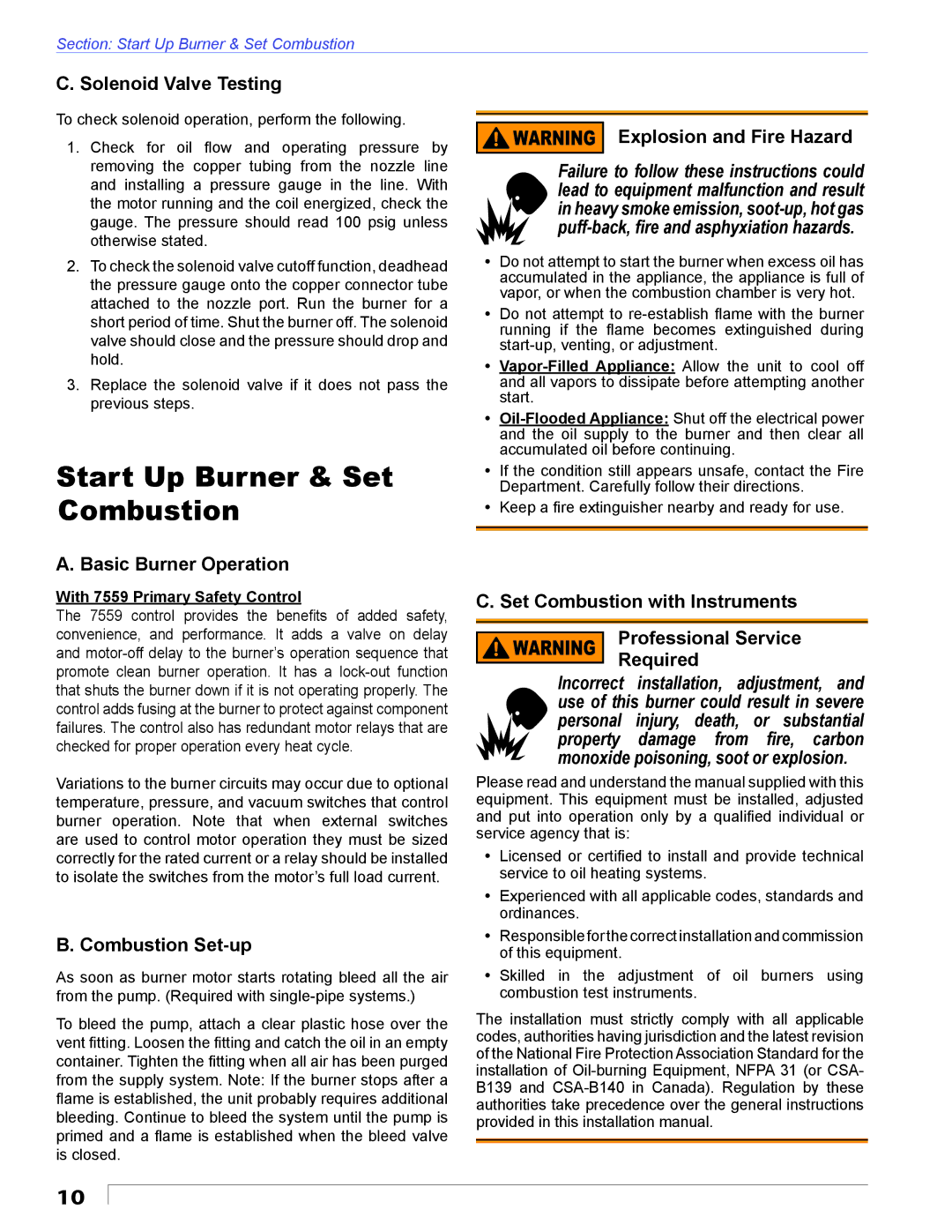 Beckett 24 VDC manual Start Up Burner & Set Combustion, Solenoid Valve Testing, Basic Burner Operation, Combustion Set-up 