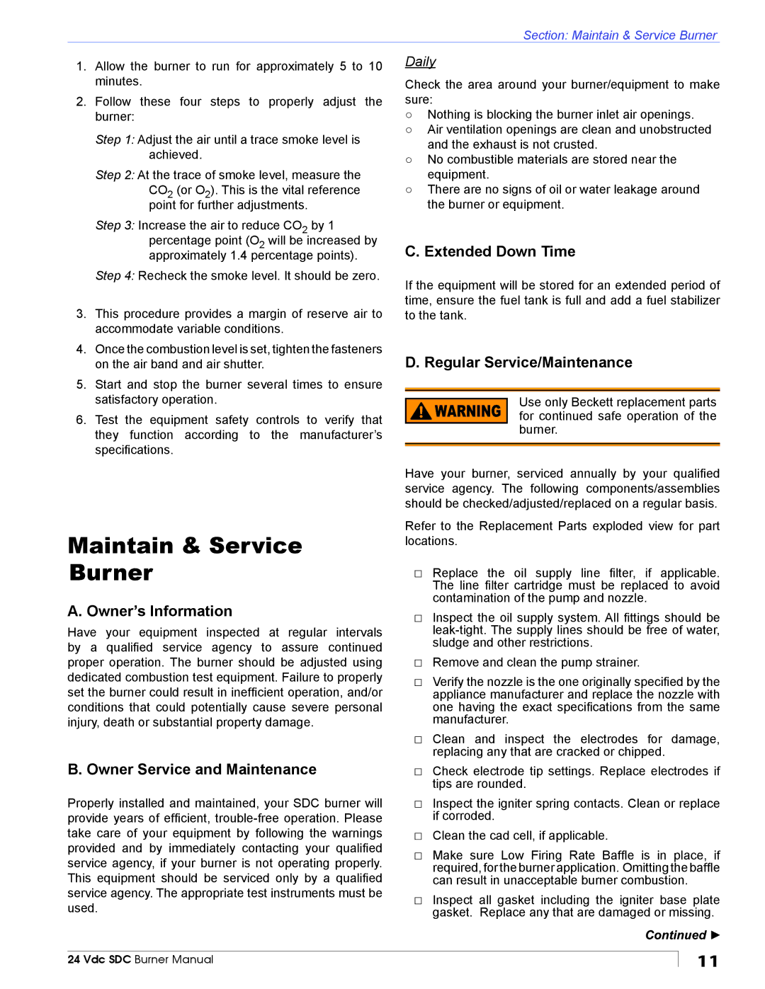 Beckett 24 VDC manual Maintain & Service Burner, Owner’s Information, Extended Down Time, Regular Service/Maintenance 