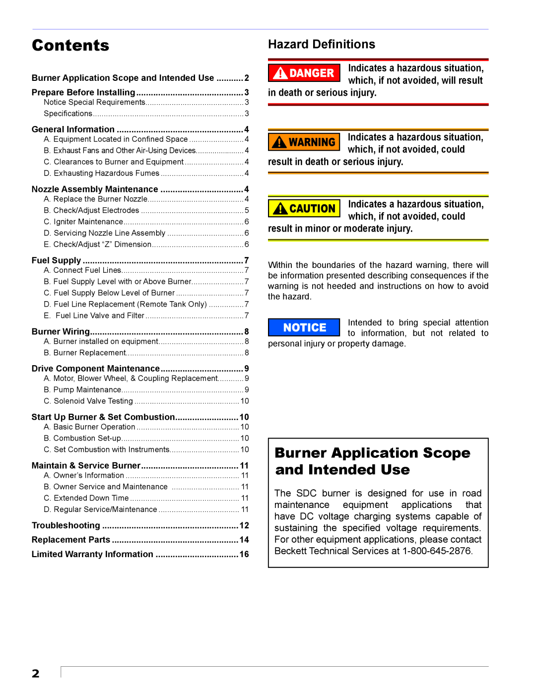 Beckett 24 VDC manual Contents 