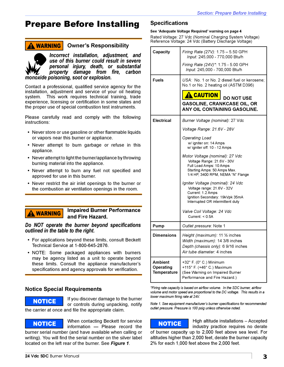 Beckett 24 VDC manual Prepare Before Installing, Owner’s Responsibility, Speciﬁcations 