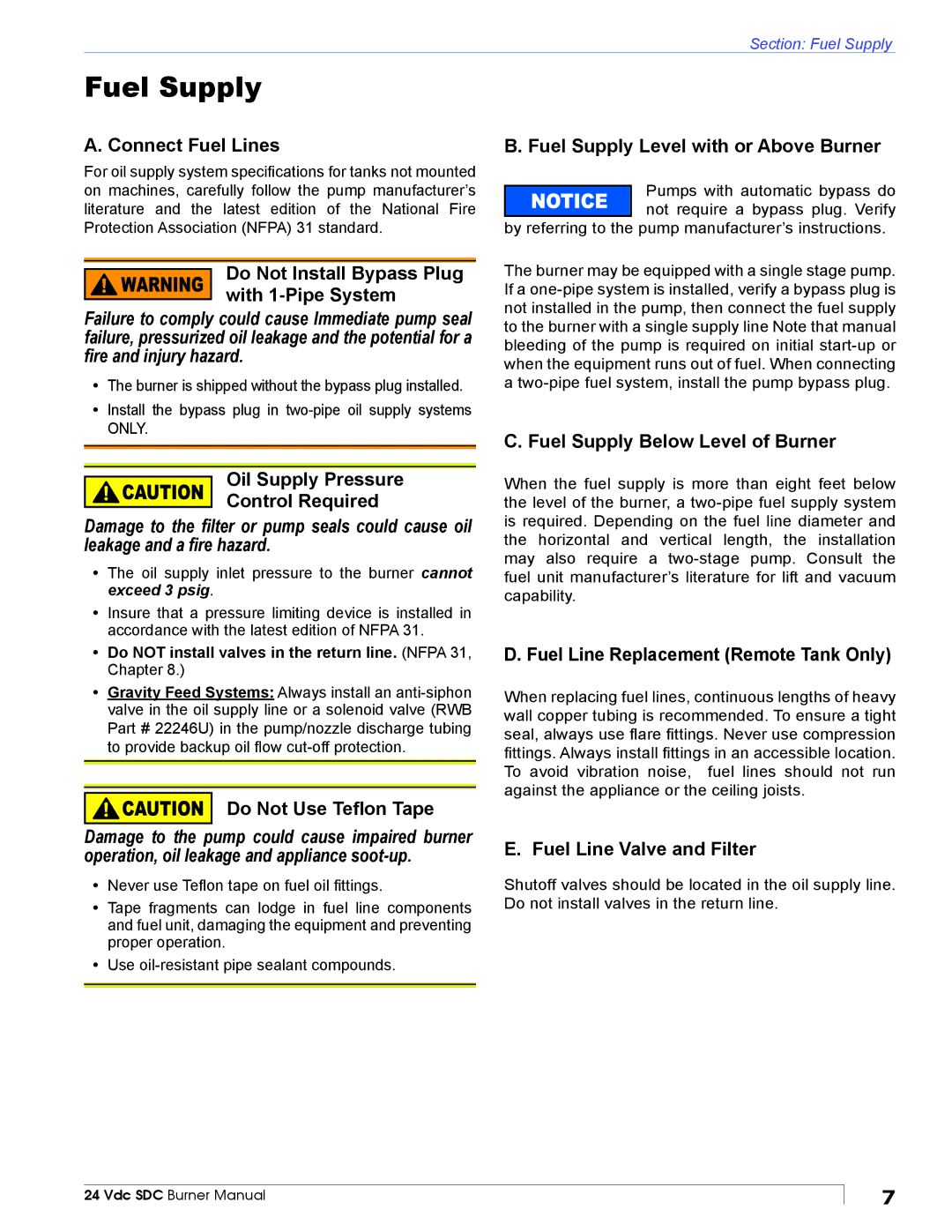 Beckett 24 VDC manual Fuel Supply 