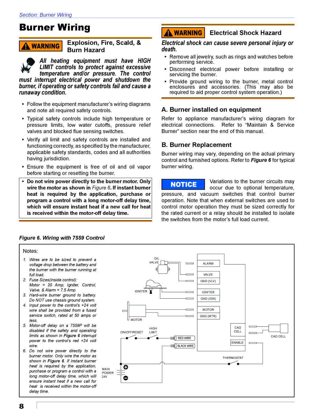 Beckett 24 VDC Burner Wiring, Electrical Shock Hazard Explosion, Fire, Scald Burn Hazard, Burner installed on equipment 