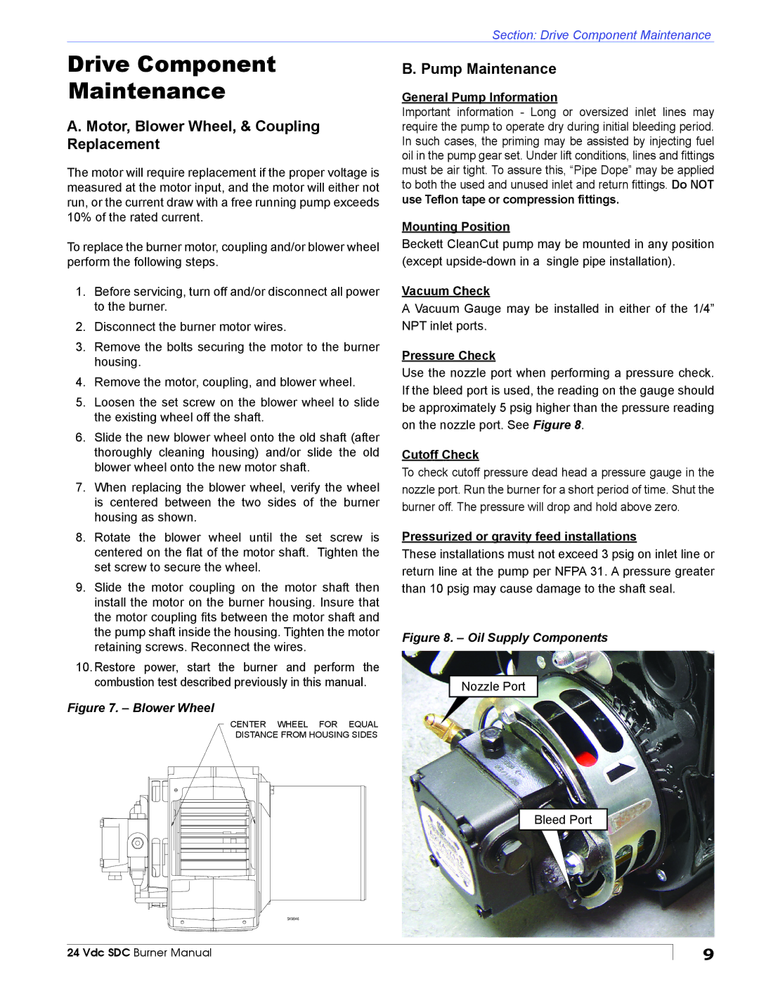 Beckett 24 VDC manual Drive Component Maintenance, Motor, Blower Wheel, & Coupling Replacement, Pump Maintenance 