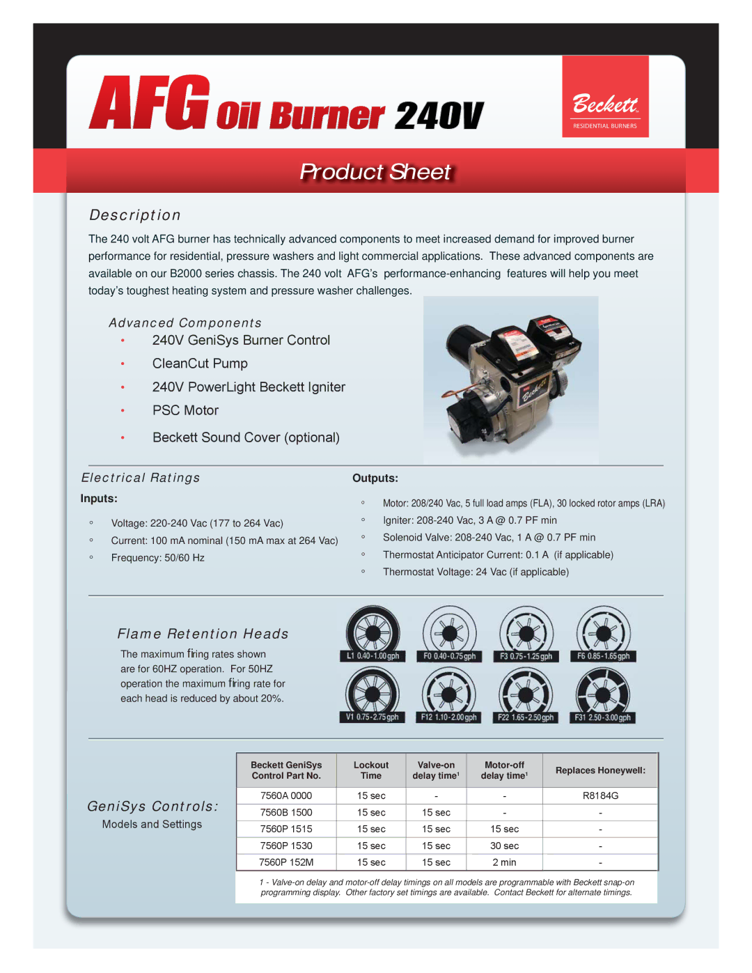 Beckett 240V manual Description, Flame Retention Heads, GeniSys Controls, Advanced Components, Electrical Ratings 