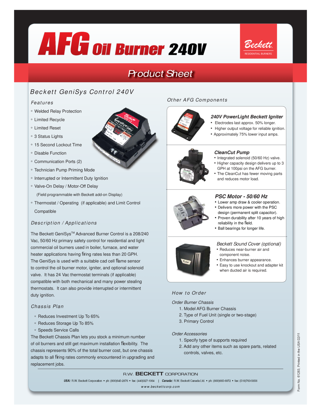 Beckett 240V Beckett GeniSys Control, PSC Motor - 50/60 Hz, Beckett Sound Cover optional, AFGOil Burner, Product Sheet 