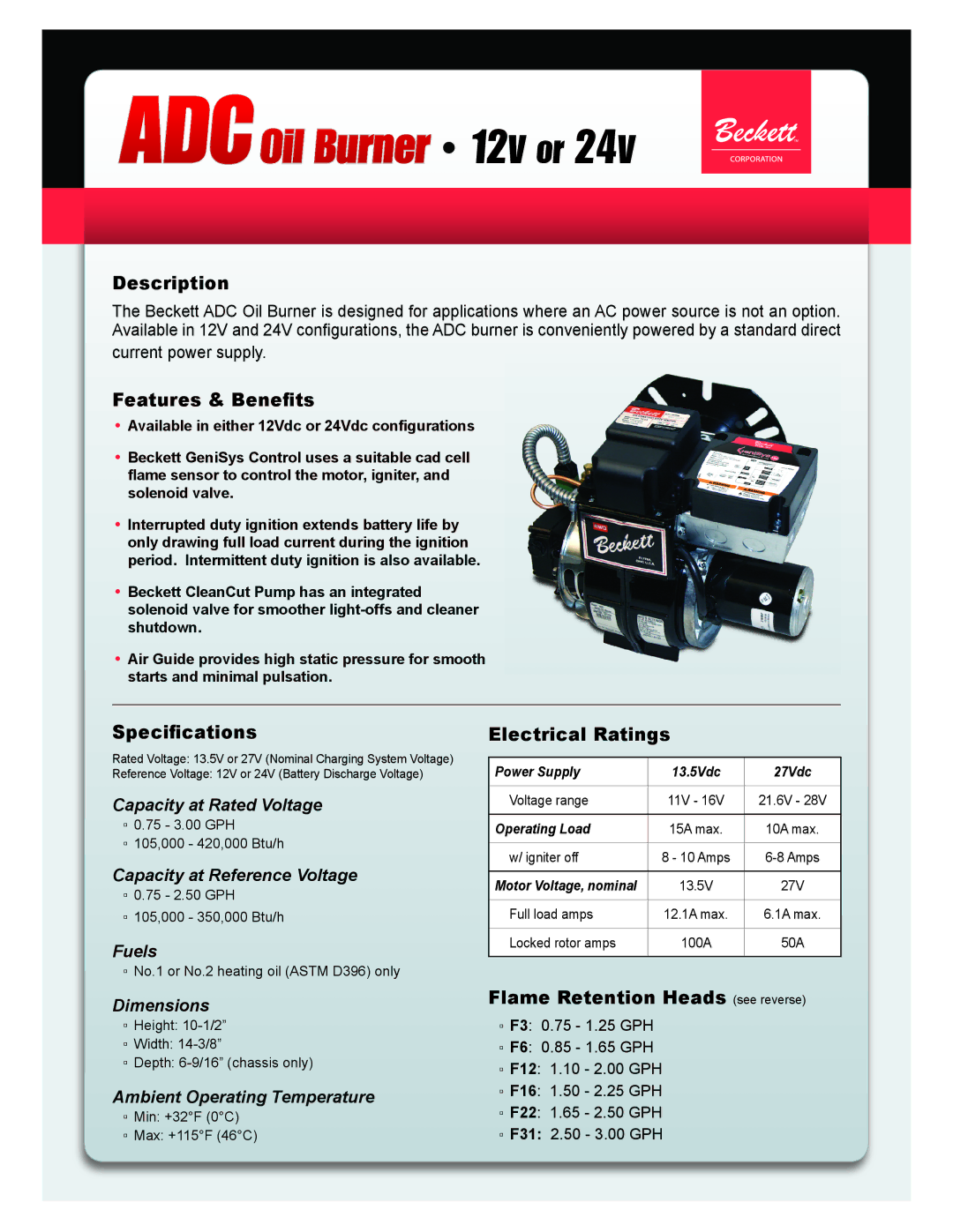 Beckett 12Vdc, 24Vdc specifications ADCOil Burner 12v or 