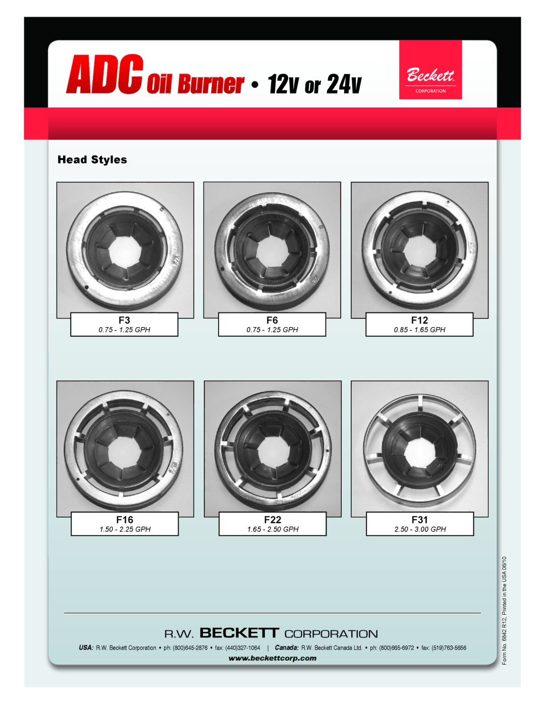 Beckett 24Vdc, 12Vdc specifications Head Styles 