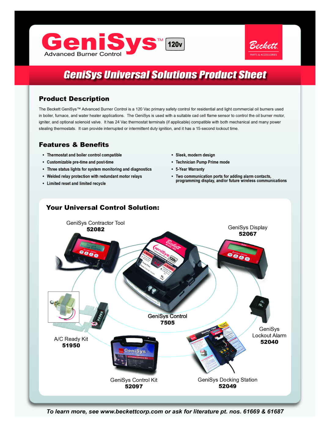 Beckett 52040 warranty Product Description, Features & Beneﬁts, Your Universal Control Solution 