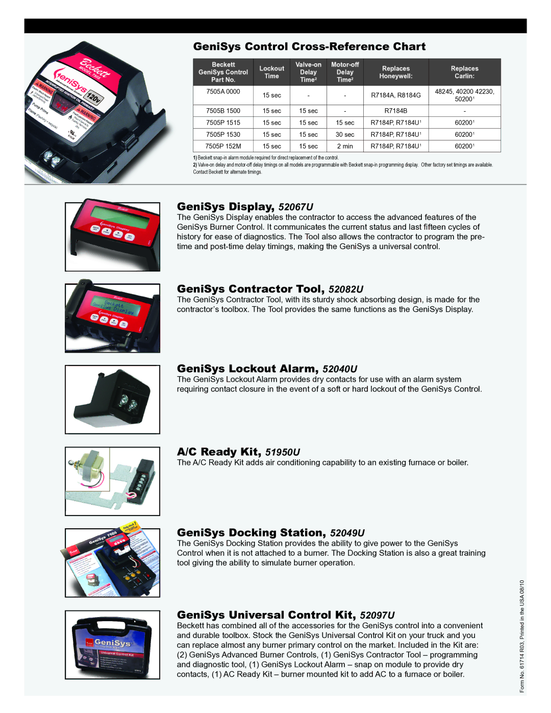 Beckett 52040 warranty GeniSys Control Cross-Reference Chart, GeniSys Display, 52067U, GeniSys Contractor Tool, 52082U 