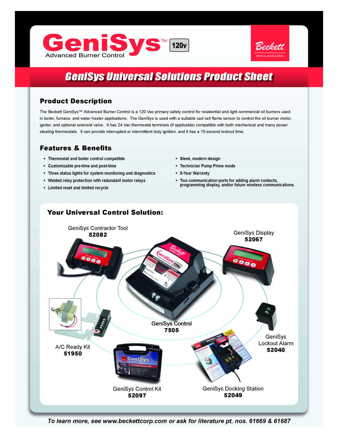 Beckett 52040 warranty Product Description, Features & Beneﬁts, Your Universal Control Solution, 52067, GeniSys Control 