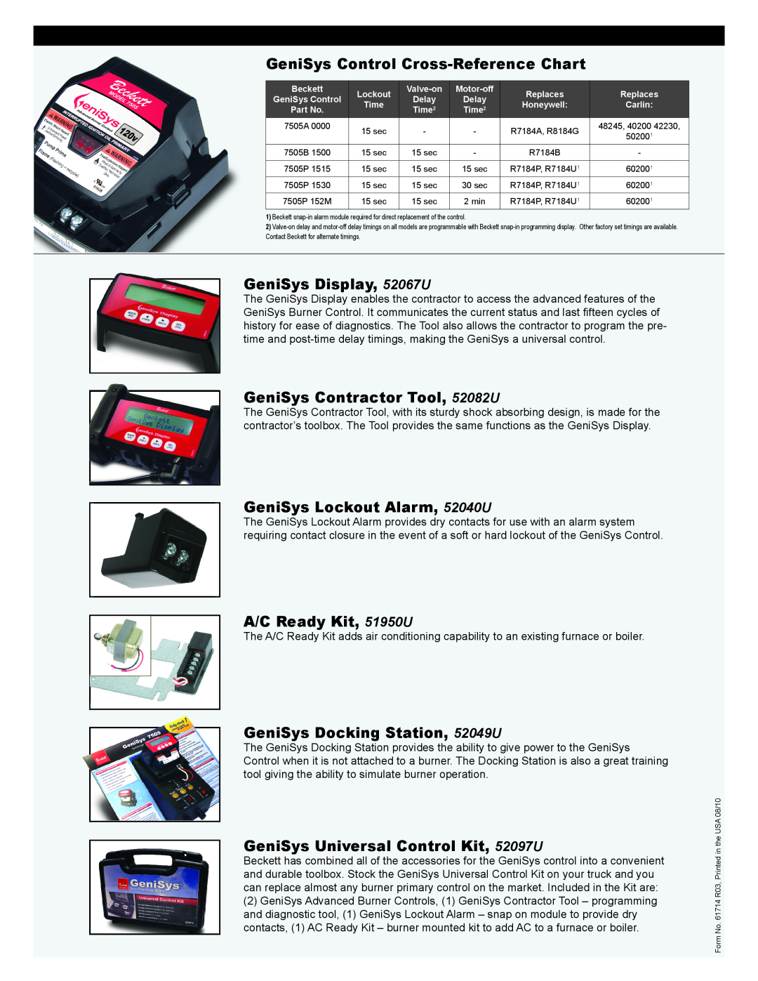 Beckett 52040 warranty GeniSys Control Cross-Reference Chart, GeniSys Display, 52067U, GeniSys Contractor Tool, 52082U 