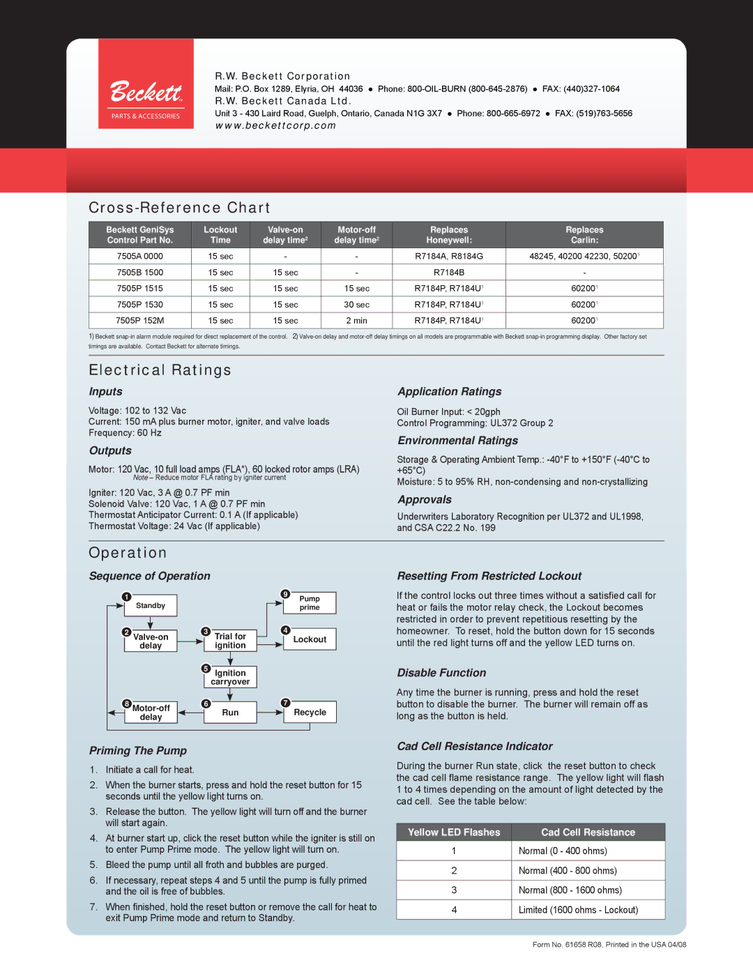 Beckett 7505 warranty Cross-Reference Chart, Electrical Ratings, Operation 