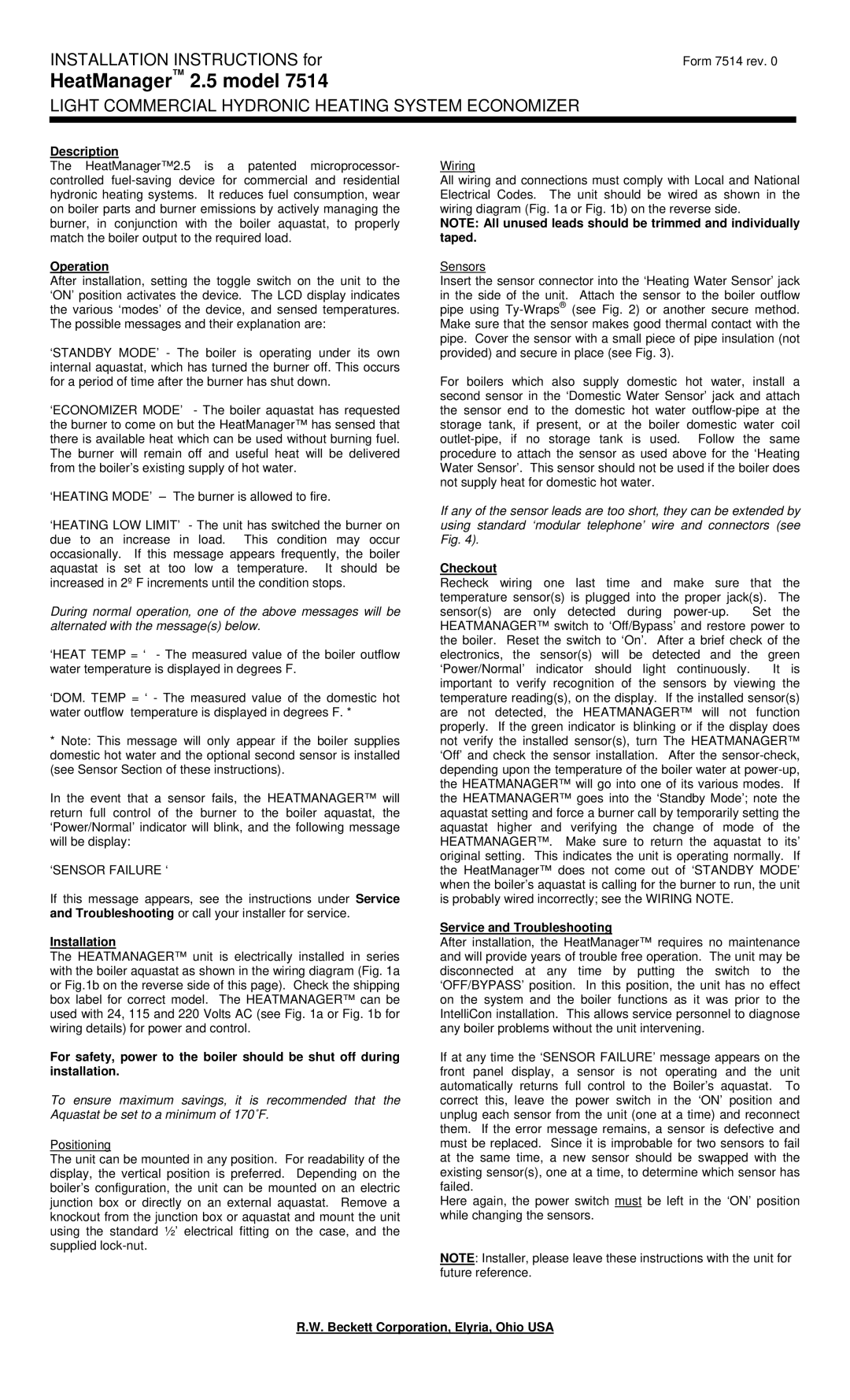 Beckett 7514 installation instructions HeatManager 2.5 model, Light Commercial Hydronic Heating System Economizer 