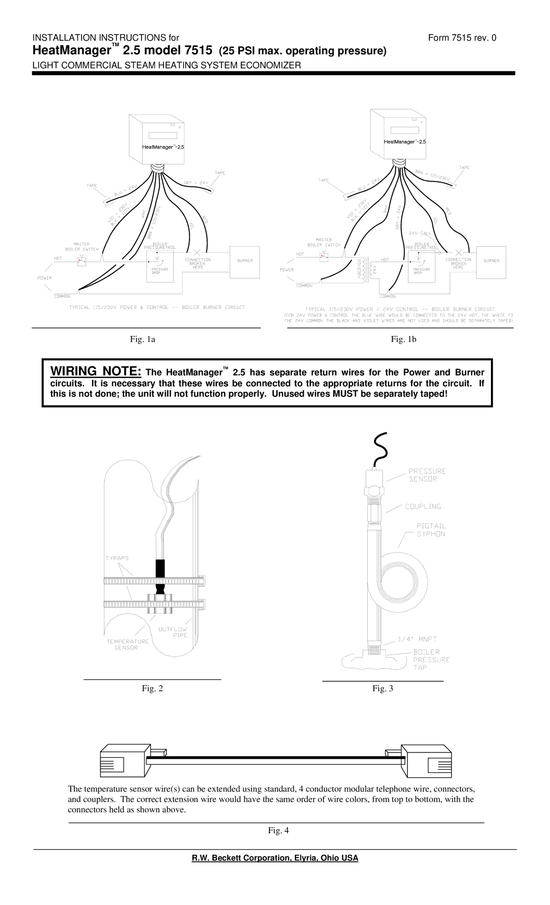 Beckett installation instructions HeatManager 2.5 model 7515 25 PSI max. operating pressure 