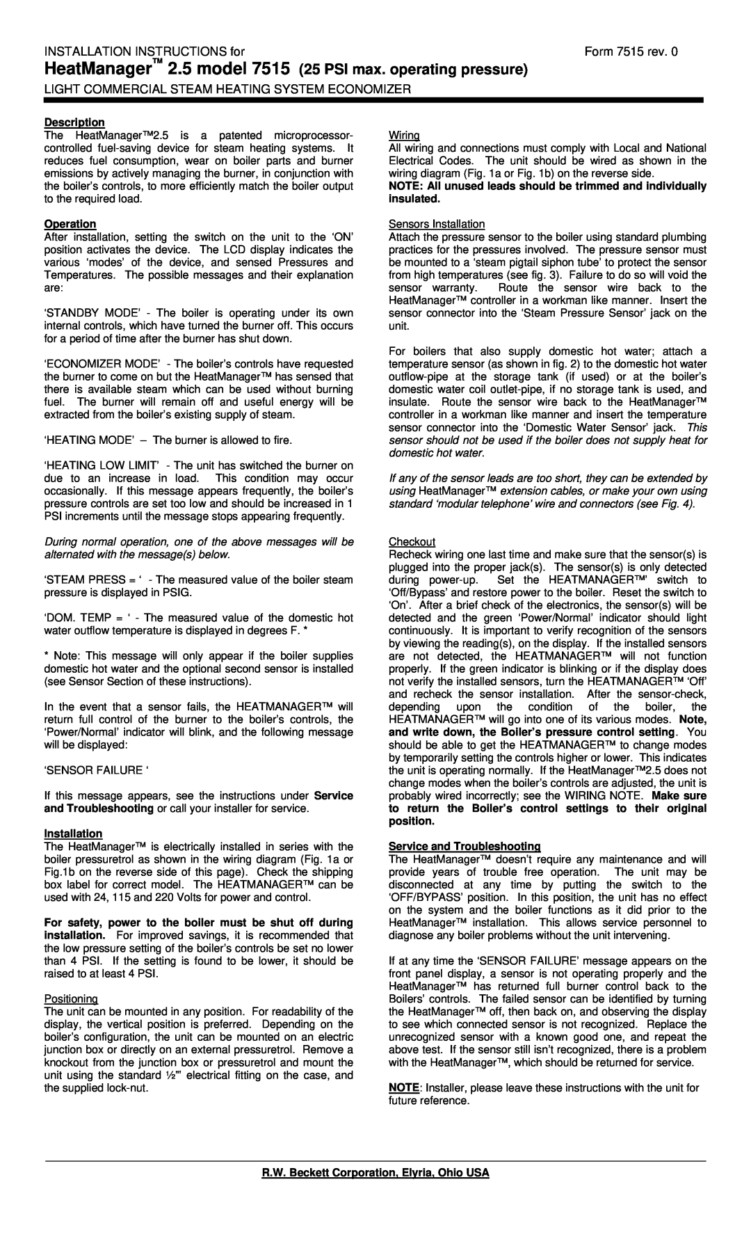 Beckett installation instructions HeatManager 2.5 model 7515 25 PSI max. operating pressure, Form 7515 rev, Description 
