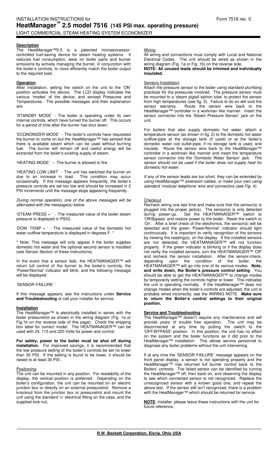 Beckett installation instructions HeatManager 2.5 model 7516 145 PSI max. operating pressure 