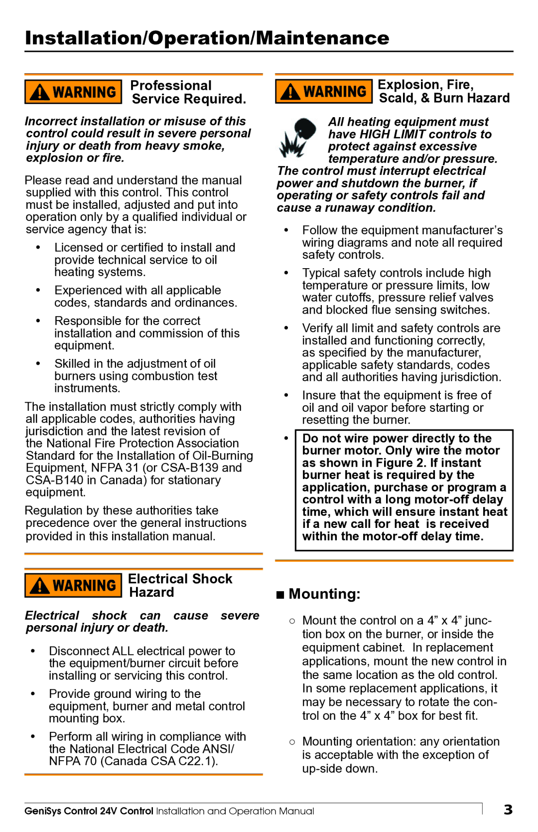 Beckett 7559 Installation/Operation/Maintenance, Mounting, Electrical shock can cause severe personal injury or death 