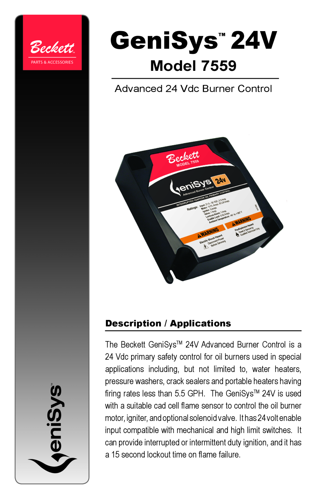 Beckett 7559 manual Description / Applications, GeniSys, Model, Advanced 24 Vdc Burner Control 