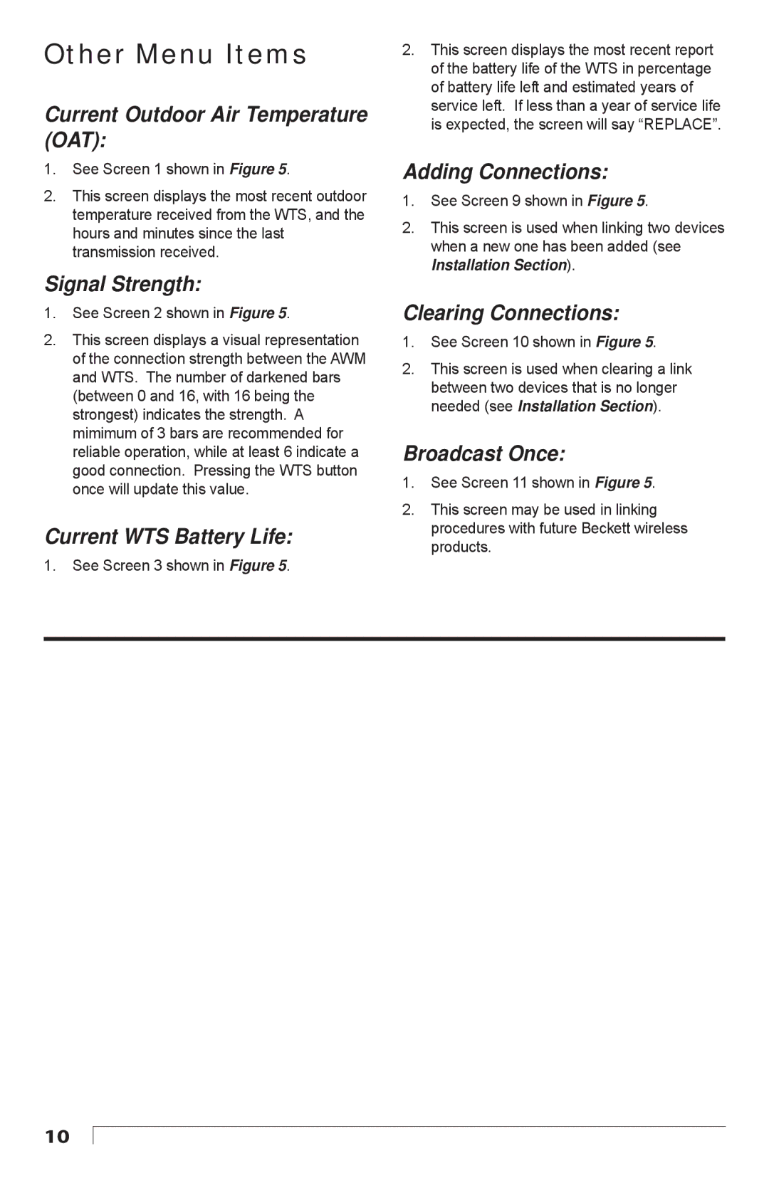 Beckett 7600WTM manual Other Menu Items 