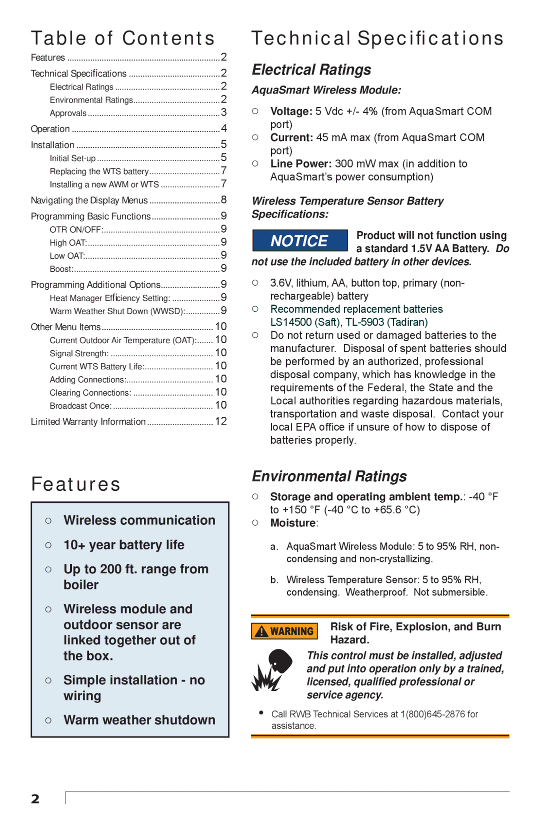 Beckett 7600WTM manual Table of Contents, Technical Speciﬁcations, Features 