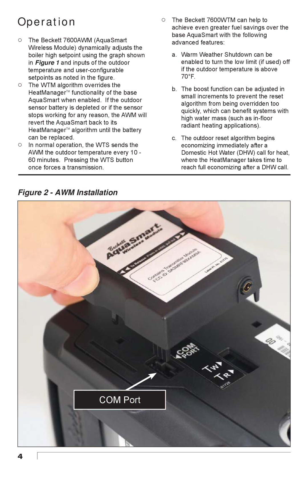 Beckett 7600WTM manual Operation, AWM Installation 