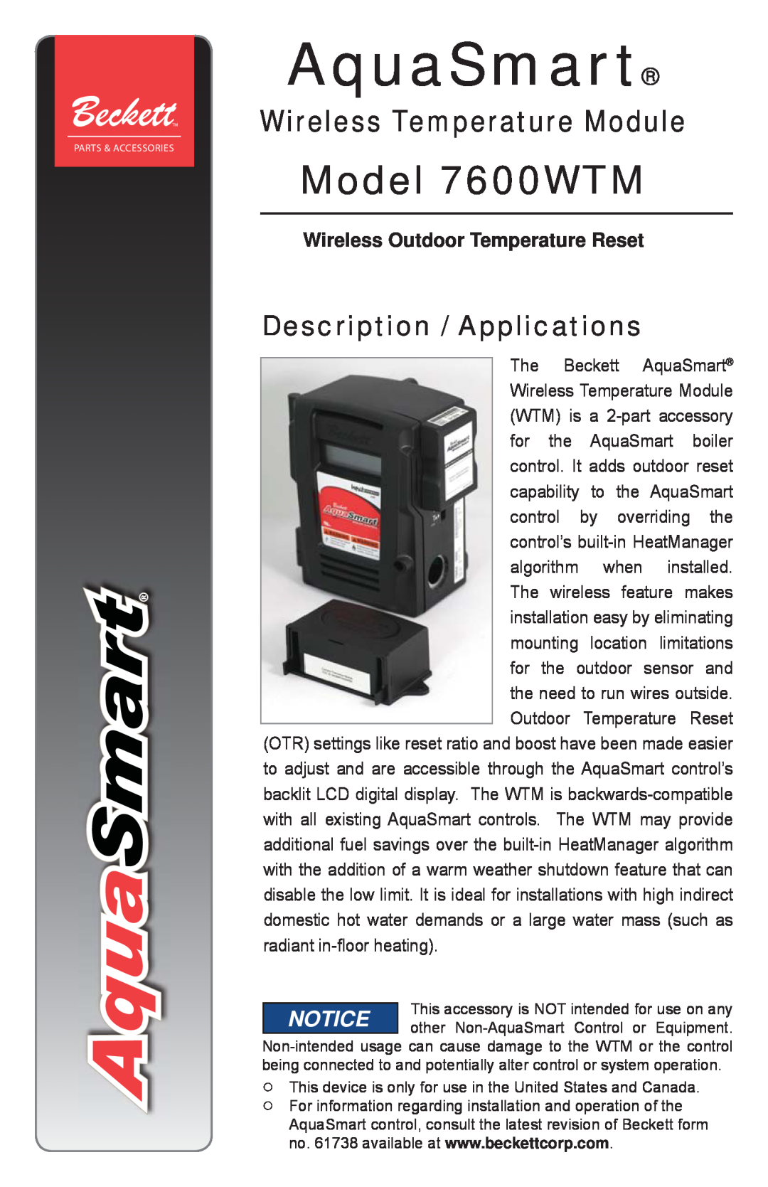 Beckett manual Description / Applications, Wireless Outdoor Temperature Reset, AquaSmart, Model 7600WTM 