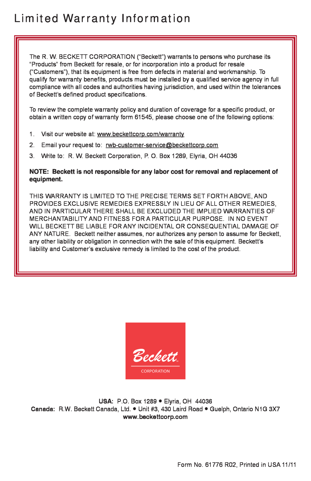 Beckett 7600WTM manual Limited Warranty Information 