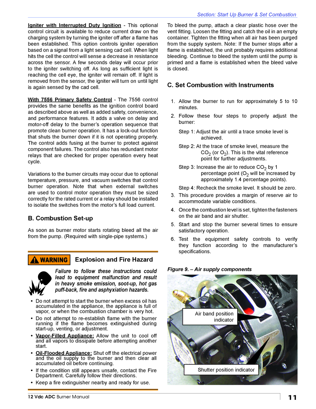 Beckett ADC manual Combustion Set-up, Explosion and Fire Hazard, Set Combustion with Instruments 