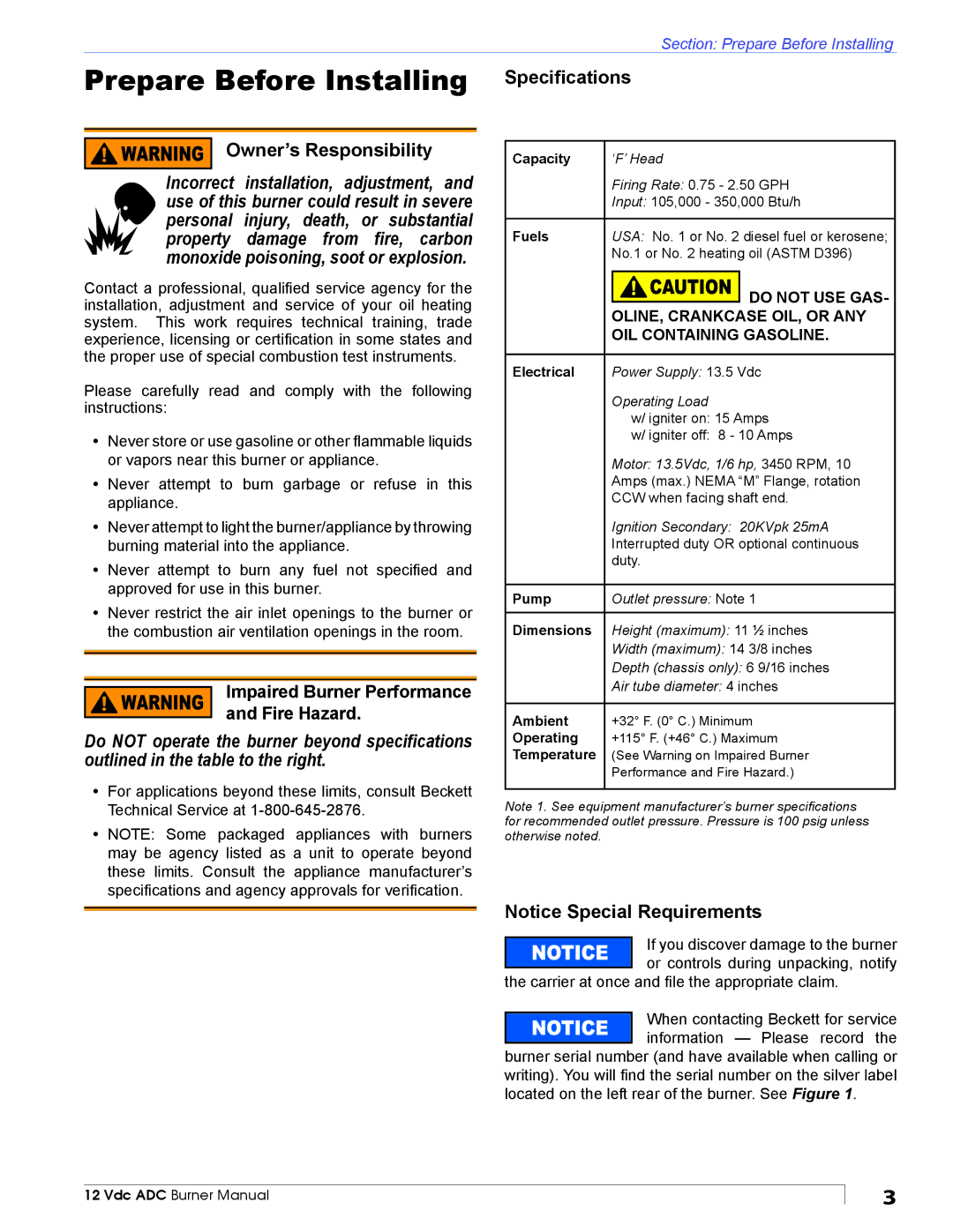 Beckett ADC manual Prepare Before Installing Speciﬁcations, Owner’s Responsibility 