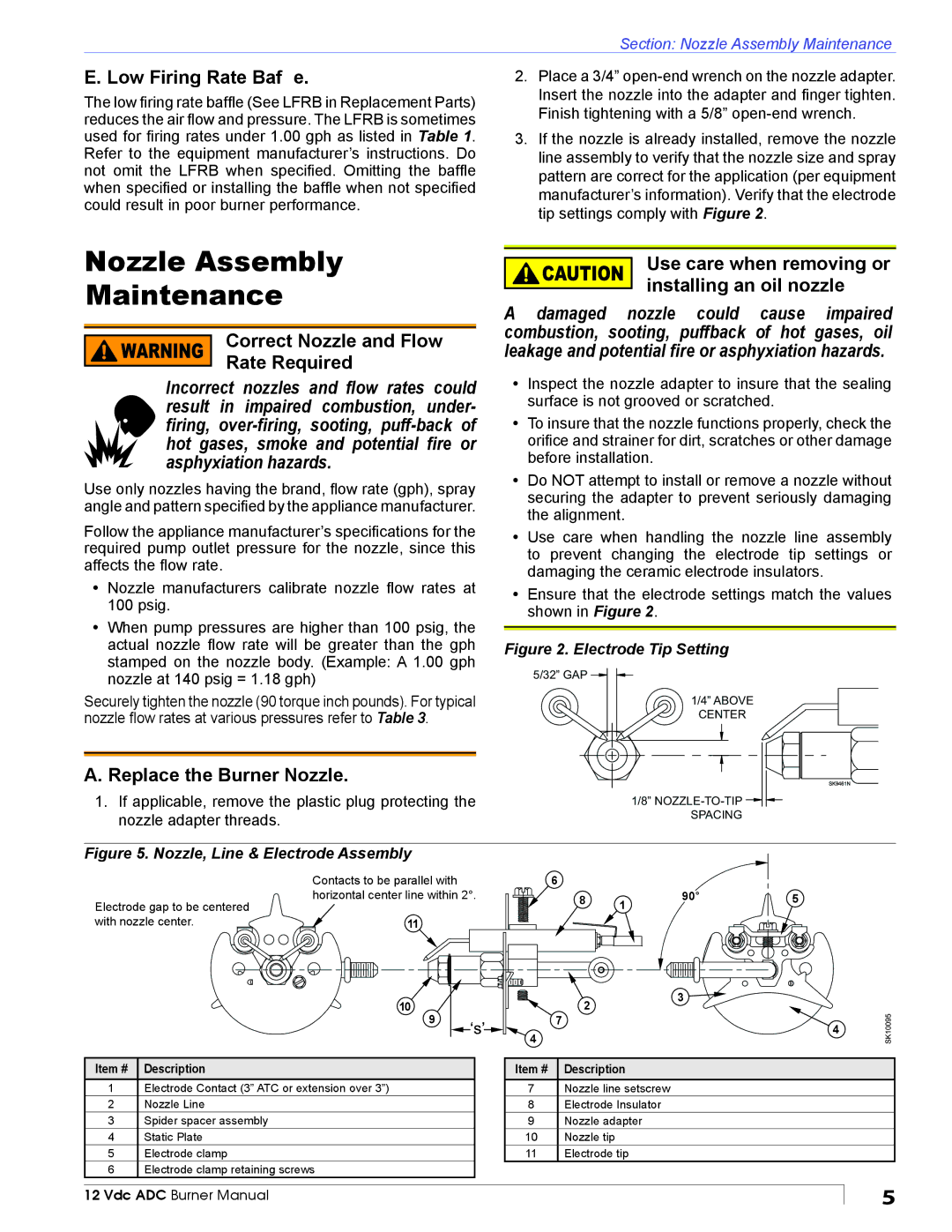 Beckett ADC manual Nozzle Assembly Maintenance, Low Firing Rate Bafﬂe, Replace the Burner Nozzle 