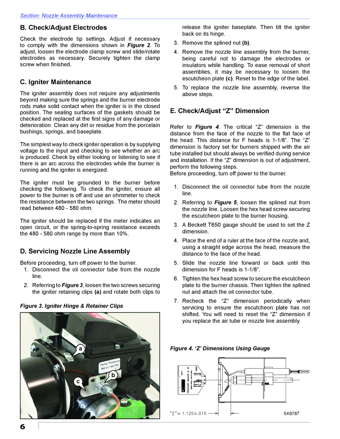 Beckett ADC manual Check/Adjust Electrodes, Igniter Maintenance, Servicing Nozzle Line Assembly, Check/Adjust Z Dimension 