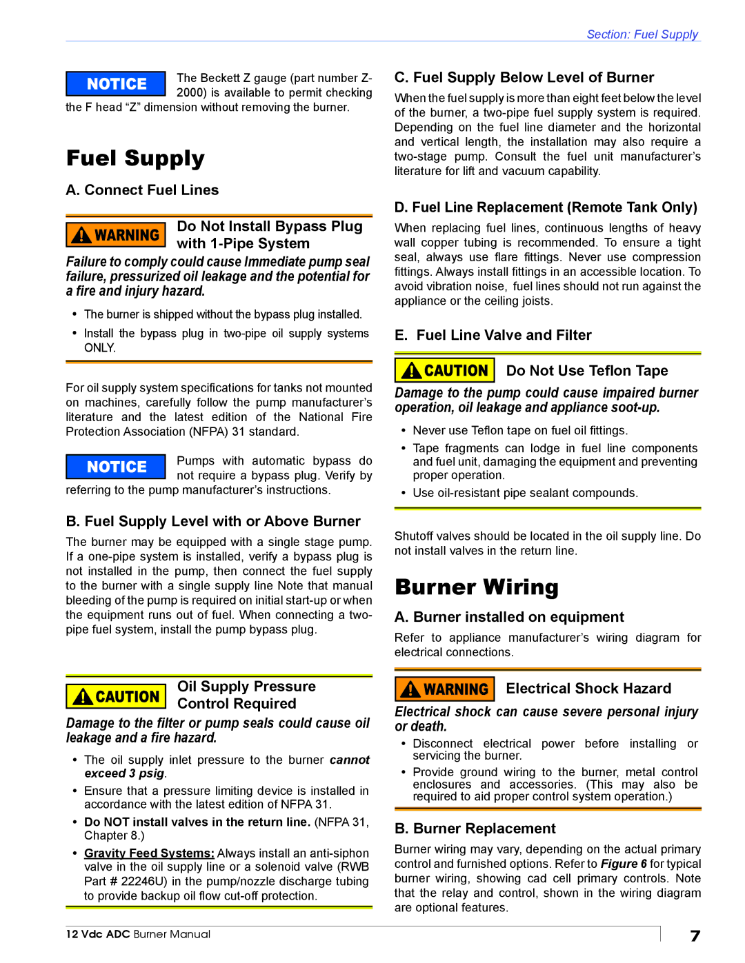 Beckett ADC manual Fuel Supply, Burner Wiring 