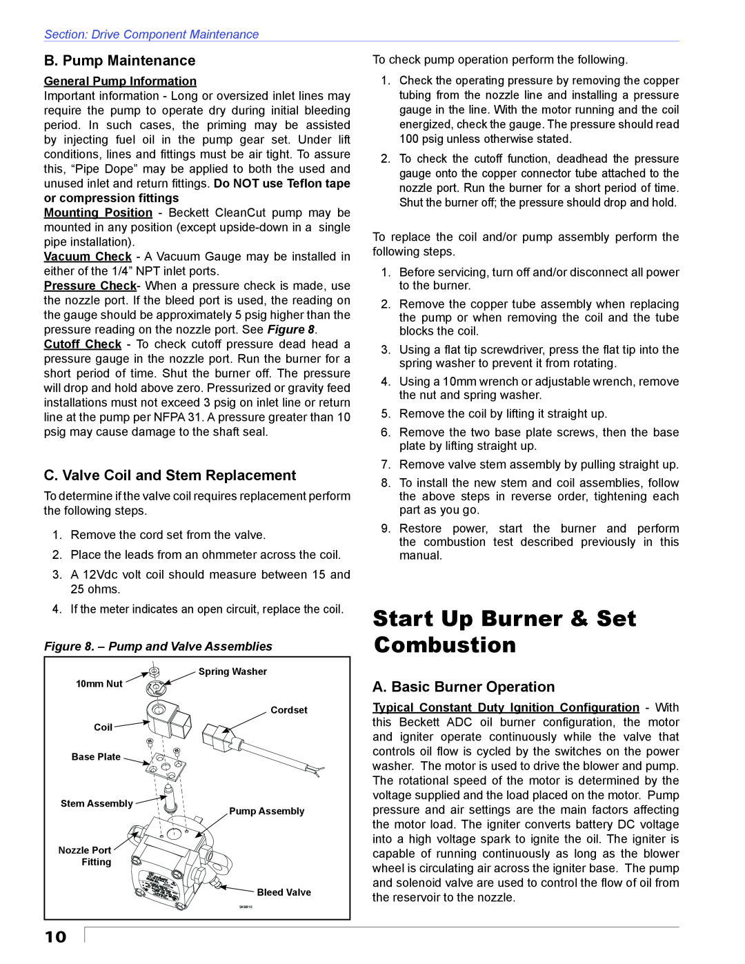 Beckett ADC manual Start Up Burner & Set Combustion, B. Pump Maintenance, C. Valve Coil and Stem Replacement 