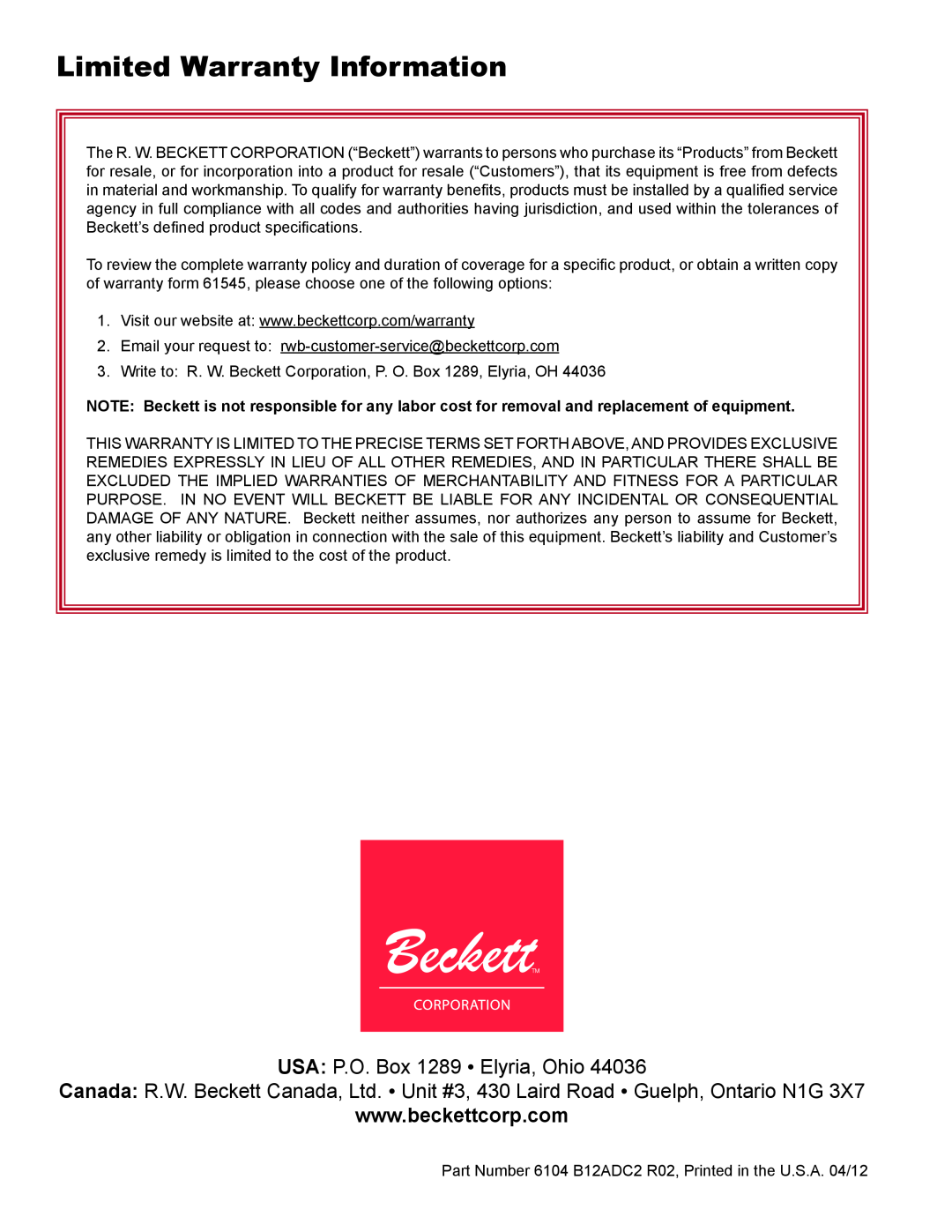Beckett ADC manual Limited Warranty Information, USA P.O. Box 1289 Elyria, Ohio 