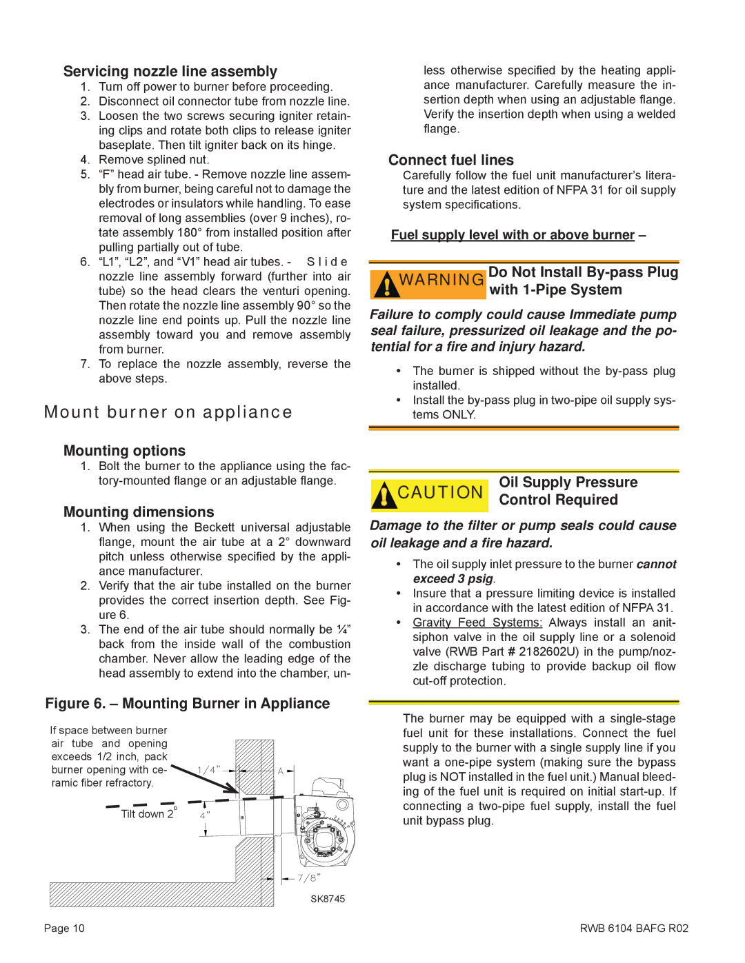 Beckett Oil Burner, AFG Mount burner on appliance, Servicing nozzle line assembly, Mounting options, Mounting dimensions 