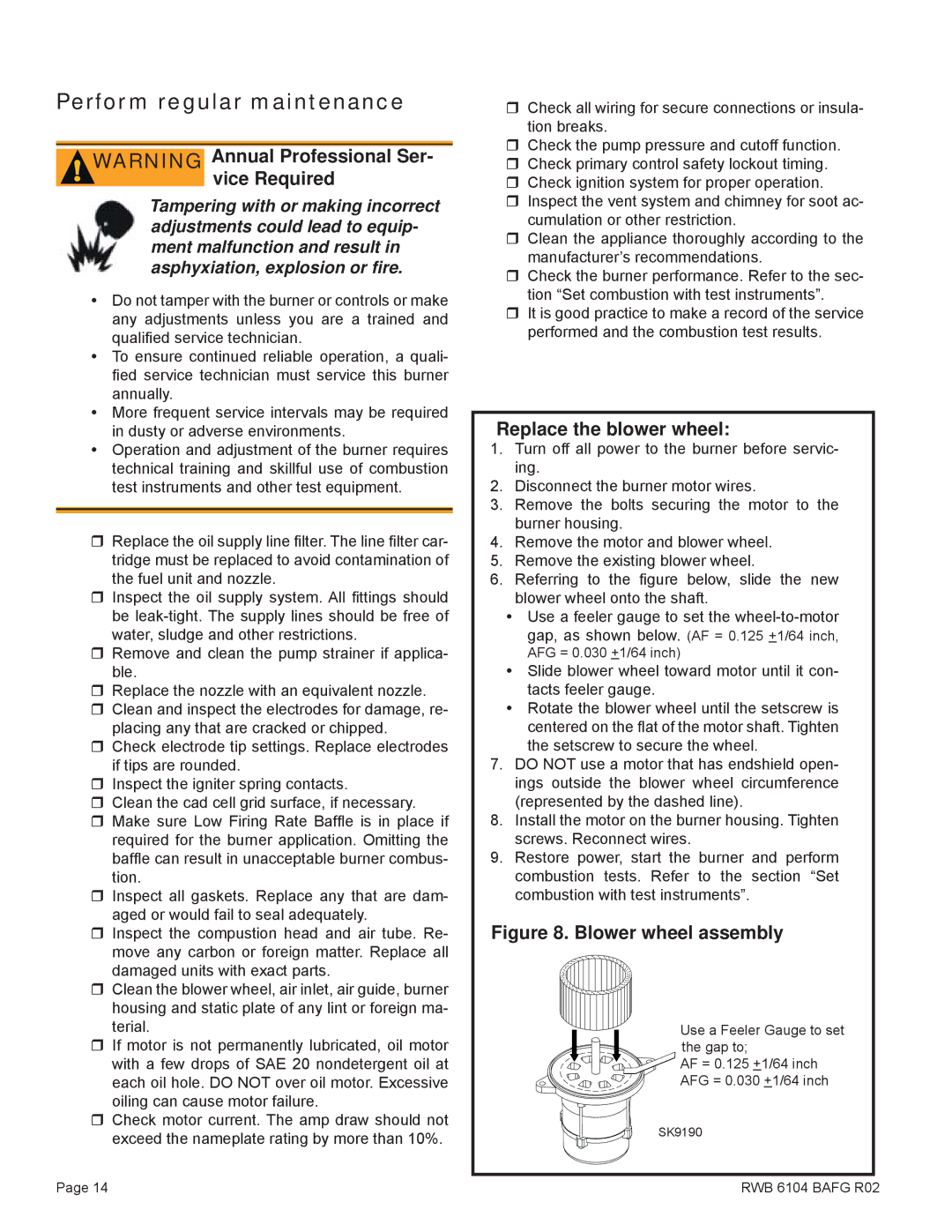 Beckett AFG, Oil Burner manual Perform regular maintenance, Replace the blower wheel 